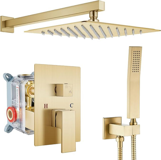 gotonovo Shower Faucet Set with Handheld Spray Brushed Gold,12'' Head | SUS304 Rainfall Shower Head and Handle Set System Fixture,Pressure Balance Valve Trim Kit,Single Handle,Wall Mount,All Metal