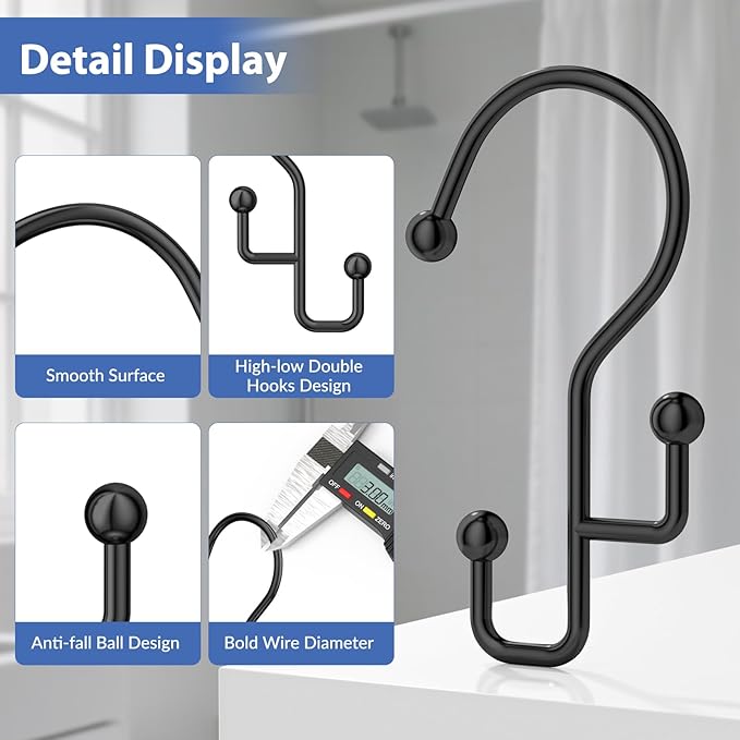 Shower Curtain Hooks, Black Shower Curtain Hooks Rust Proof, Anti-Drop Metal Shower Curtain Rings Hooks, Double Shower Hooks for Shower Curtain, Shower Rings for Curtain & Liner, Black-12 Pcs