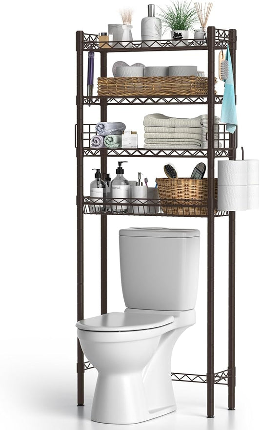 Hodonas Over Toilet Storage Shelf, Espresso, 26.97" x 9.84" x 67.32" | Sturdy Carbon Steel, 4 Tiers, Adjustable, Freestanding, Stable, Easy to Assemble, Over the Toilet for Storage in Bathroom