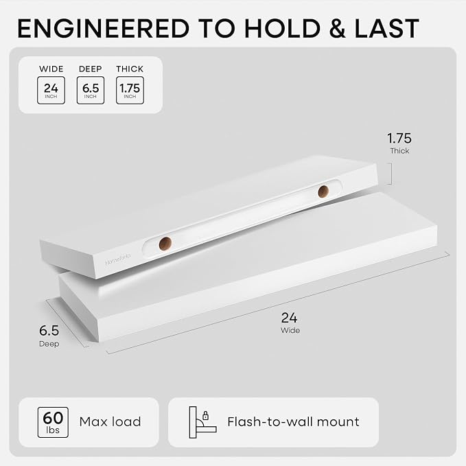 White Floating Shelves 24 inch, High End Solid Real Wood 24inch Bathroom Floating Shelf for Wall Mounted, White Wooden 24in Floating Shelves, Heavy Duty Bracket, 24 X 6.5 X 1.75 in, Set of 3