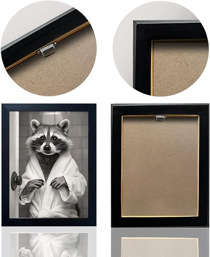 Black And White Raccoon Bathroom Decor Wall Art Funny Wall Decor Cute Animal Picture Canvas Art Framed Farmhouse Raccoon Bathrobe Painting Restroom Decoration