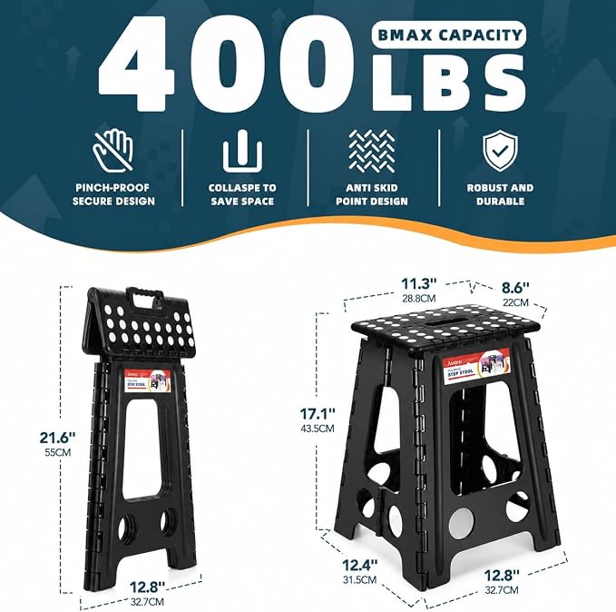 17.5 Inch Heavy Duty Folding Step Stool for Adults, 400 lbs, Black | Collapsible Stepping Stool for Adults with Handle and Non-Slip Surface, for Kitchen, Garage, Bedroom and Outdoor Tasks