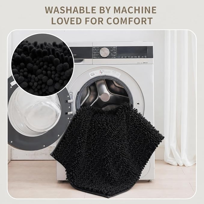 Bathroom Rugs Non Slip Washable 36x24, Extra Thick Soft Chenille Absorbent Bath Mat, High Density Barrier Non Slip Backing, Quick Dry Plush Shaggy Floor Carpet for Tub&Shower, Black
