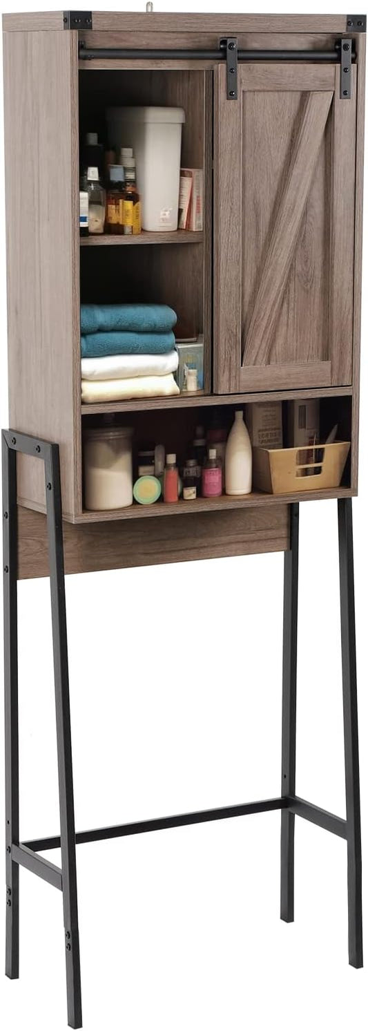 Over Toilet Storage Cabinet with Barn Door & Adjustable Shelves | 24 Inch Wide Bathroom Organizer, Space-Saving, Sturdy Wood, Anti-Tipping, Easy Assembly, for Restroom, Laundry, Small Spaces