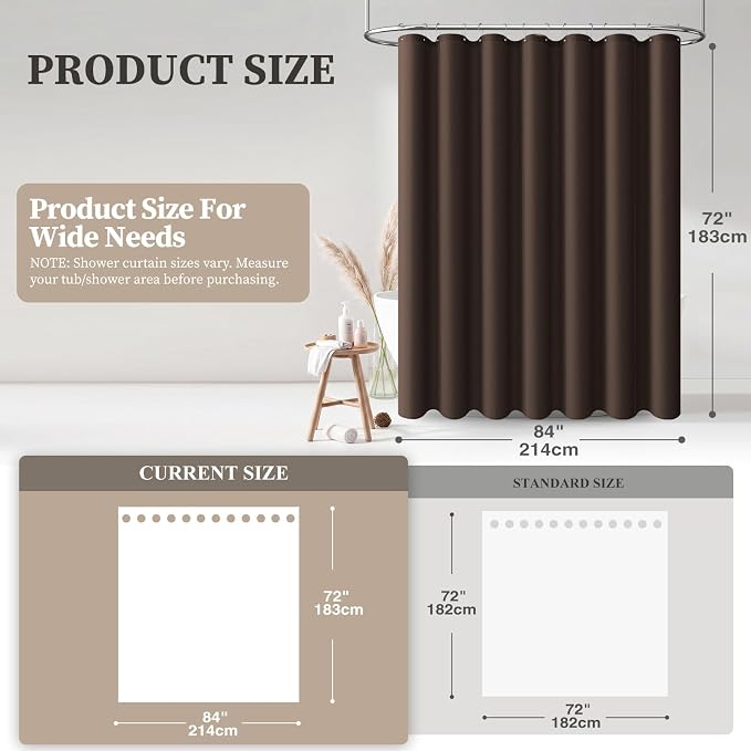 84x72 Wide Linen Textured Waterproof Thick Cloth Shower Curtain, Brown | Wide Size, 230GSM Polyester, Heavy Duty Fabric, Weighted Hem, 14 Plastic Hooks, Modern Luxury Hotel Style, Machine Washable