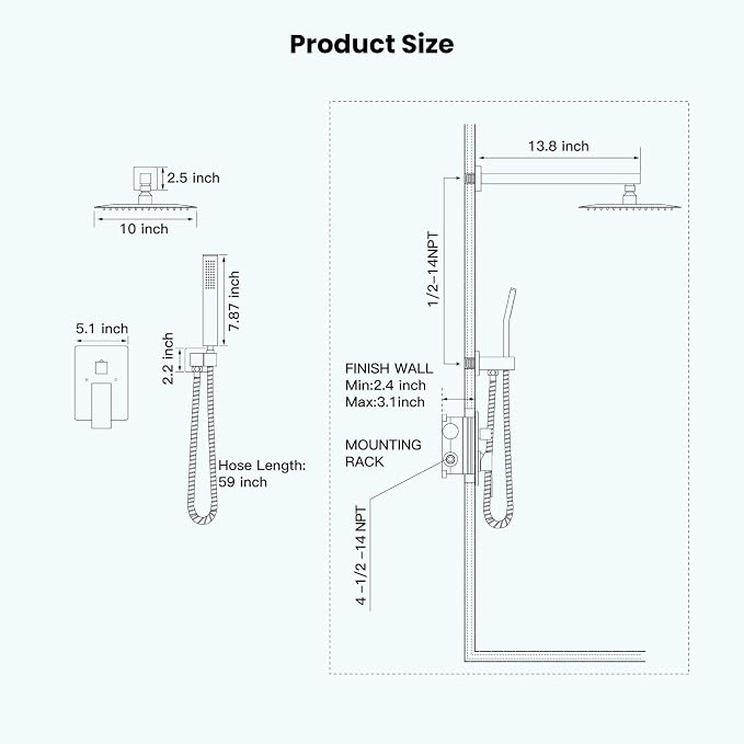 gotonovo Shower Faucet Set with Handheld Spray Brushed Gold,10'' Head | SUS304 Rainfall Shower Head and Handle Set System Fixture,Pressure Balance Valve Trim Kit,Single Handle,Wall Mount,All Metal