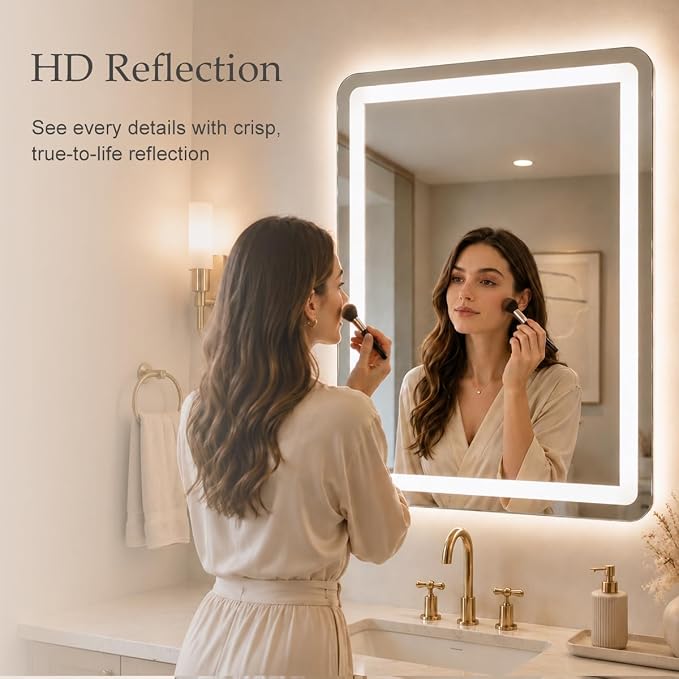 24x36 LED Lighted Bathroom Mirror for Vanity | Front Lights and Backlit, Rounded-Corner Rectangle, 3 Colors, Dimmable, Anti-Fog, Memory, Tempered Glass, UL