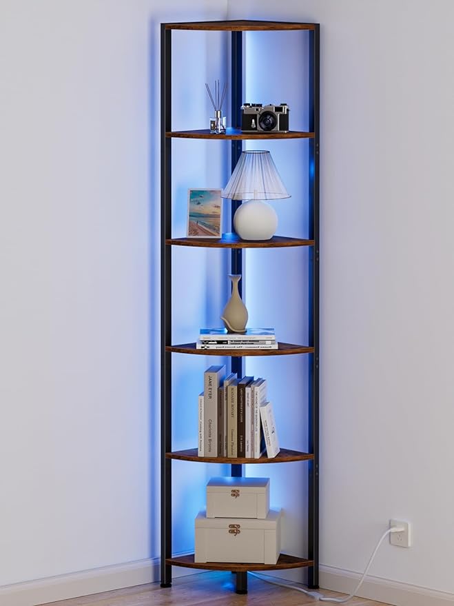 6 Tier Corner Shelf with LED Light, 67.5" Corner Narrow Bookshelf | Tall Standing Shelf Organizer, Storage Rack for Wall Corner, Living Room, Bedroom, Metal Frame, Wood Display Shelf