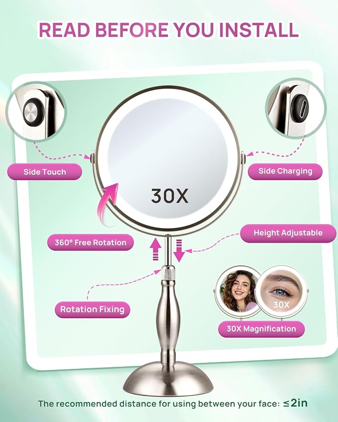 30X Magnifying Mirror with Lights, 8" Height Adjustable Makeup Mirror | Rechargeable 5000mAh, 30x Double Sided, 3 Color Lights + Dimmable, Nickel – Modern Magnifying Mirror for Bathroom Desk