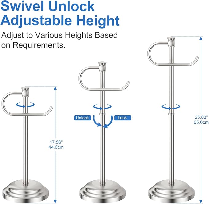RUMOSE Toilet Paper Holder Stand for Floor Free Standing, Nickel | Bathroom Freestanding Toilet Tissue Roll Holder with Storage, Adjustable 17-25 Inch, Rustproof, SUS304 Stainless Steel