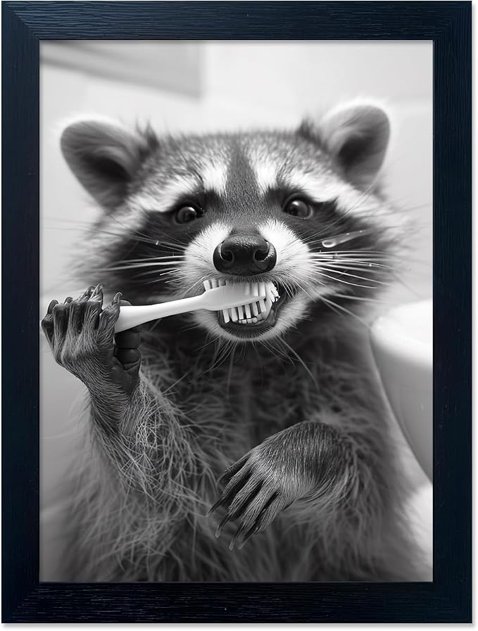 Funny Raccoon Wall Decor Animal Bathroom Wall Art Black and White Raccoon Brushing Teeth Picture Wood Framed Farmhouse Rustic Washroom Kid’s Room Decor Art