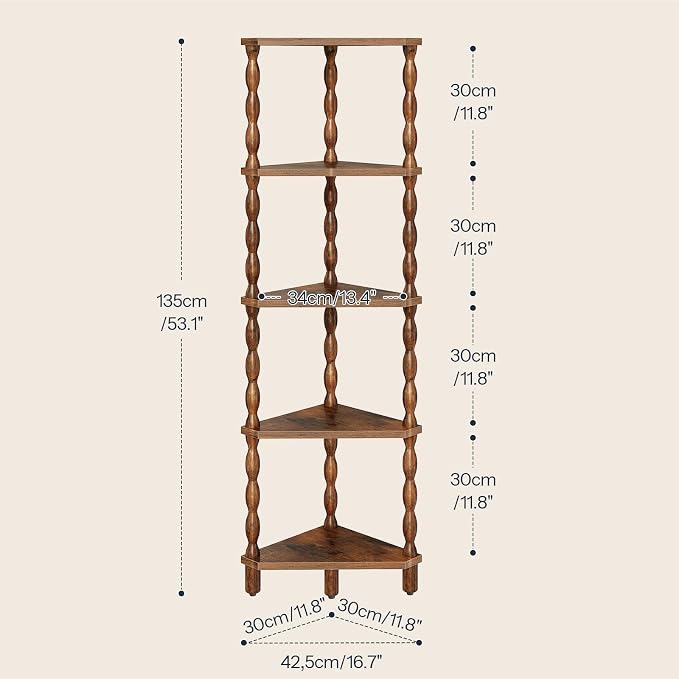 HOOBRO Corner Shelf, 5-Tier Wooden Corner Bookshelf for Small Space, Stylish Corner Storage Display Shelves for Living Room, Kitchen, Office Rustic Brown FG195CJ01