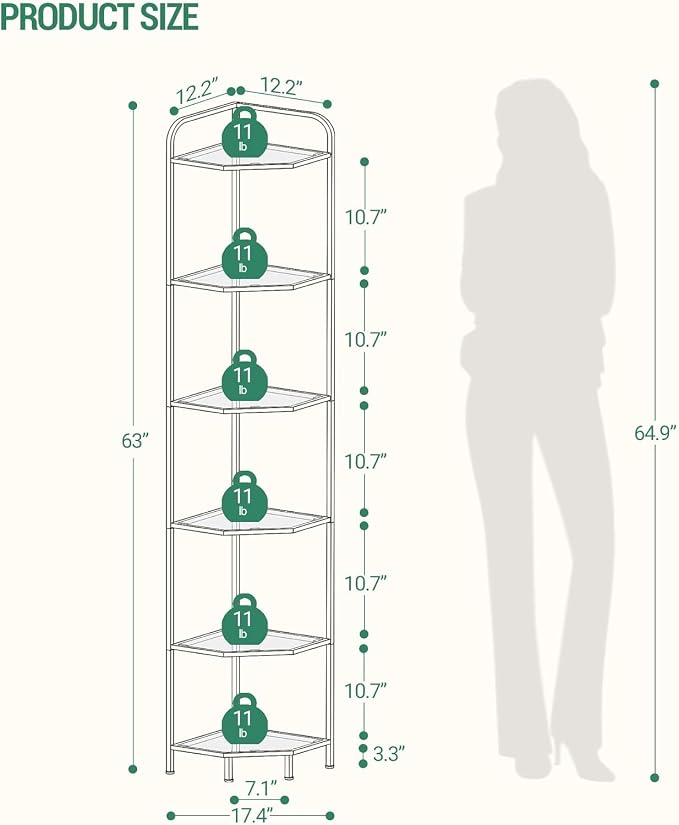 Hzuaneri Corner Shelf Stand, 6-Tier Glass Bookshelf Bookcase, Plant Stand | Bathroom Organizer Steel Frame, Tempered Glass, Modern Style for Living Room, Bathroom, Kitchen, Gold CS90600G