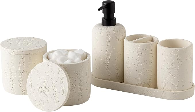 Bathroom Accessories Set,4 PCS Travertine Stone Look Collection,Cream | Modern Bath Organizer with 13.53OZ Soap Dispenser,Toothbrush Holder,Tumbler,Vanity Tray,2PCS Cotton Swab Jars for Countertop