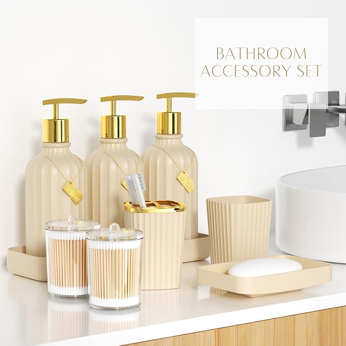 21PCS Bathroom Sets with Shower Curtain and Rugs Bathroom Accessories Set Beige Bathroom Set Complete with Trash Can, Toilet Brush, Qtip Holder & 3PCS Soap Dispenser
