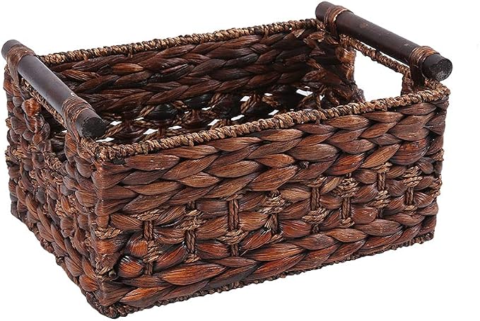 Water Hyacinth Wicker Storage Basket with Wood Handles, Medium | Rectangular dark brown woven rattan basket, for shelves, kitchen countertops, closet, holds magazines, toilet paper