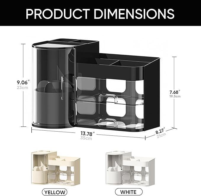 Makeup Organizer,Rotating Cosmetic Storage Organizer with Drawers,Large Capacity Makeup Brush Holder,Skincare Vanity Organizer for Bathroom Countertop,Black