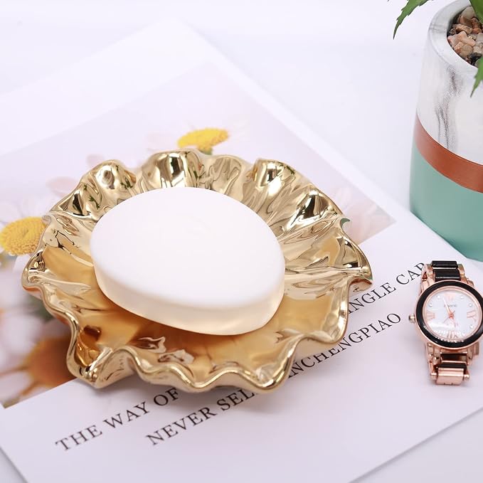 Lotus Leaf Soap Dish Gold Ceramic Soap Holder Self Draining Soap Dish Waterfall Slot Sponge Holder Bathroom Accessories for Bathroom, Kitchen,Bar Counter.