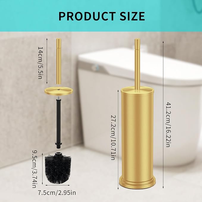 Stainless Steel Toilet Brush and Holder Set,Toilet Bowl Brush and Holder | Gold Heavy Duty Toilet Brush for Bathroom with Long Handle,Removable Inner Bowl and Splash Protection,Deep Cleaning