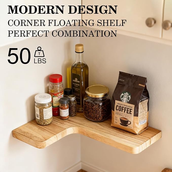 Floating Corner Shelves, Wall Shelf Set of 2, Shelves for Wall Storage, Solid Wood Shelves for Storage, Wall Mount Wooden Display Shelf for Bathroom Bedroom Kitchen Garage (Light 2pcs)