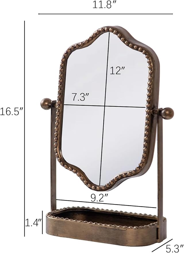 Vintage Makeup Mirror with Tray, 360° Rotatable Antique Table Vanity Mirror with Stand, Metal Retro Desktop Dressing Mirror for Home Decor, Countertop, Bedroom, Bathroom, Living Room