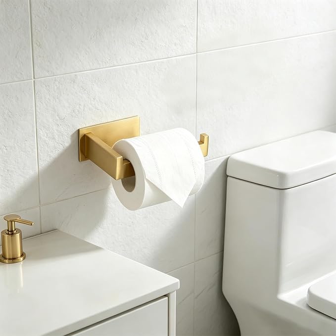 Toilet Paper Holder, Self Adhesive Tissue Holder Stainless Steel Rustproof Paper Roll Holder, No Drilling Easy to Install, Toilet Paper Rack Suitable for Office, Bathroom (Brushed Gold)