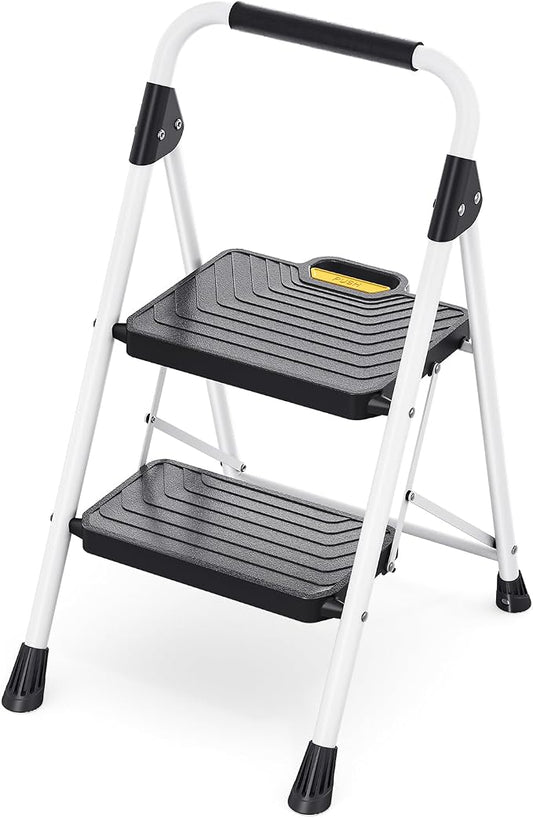 TOOLF 2 Step Ladder, Folding Step Stool for Home & Kitchen, White | Foldable, Space Saving, Portable, Sturdy Steel, Anti-Slip Pedals, Safe-Lock Design, Comfort Handrail, 800lbs Load Capacity