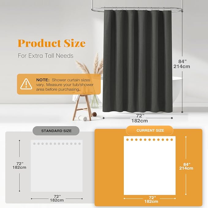Long Linen Textured Waterproof Shower Curtain Set, 72x84, Grey/Gray | Tall Size, 230GSM Polyester, Heavy Duty Cloth, Weighted Hem, 12 Plastic Hooks, Modern Luxury Hotel Style, Machine Washable