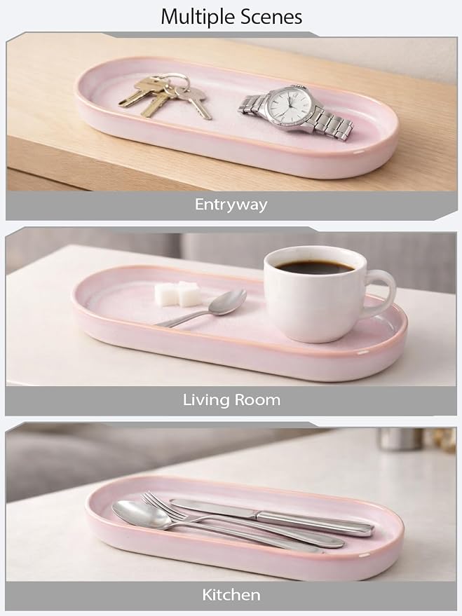 Glossy Pink Ceramic Bathroom Tray for Countertop, Small Vanity Organizer Dish for Perfume, Jewelry, Soap & Toiletries, Oval Decorative Tray for Bathroom, Dresser, Minimalist Home Decor