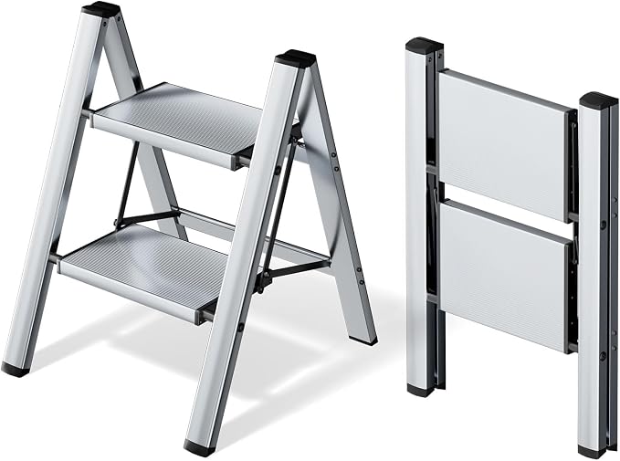 HillhutApex Aluminum Step Stool Foldable,2 Step Ladder (Silver) | Lightweight Portable step ladder with Anti-Slip Wide Pedal,330lbs Capacity Ladder for Household,Office,Kitchen