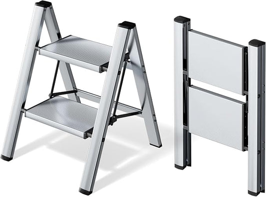 HillhutApex Aluminum Step Stool Foldable,2 Step Ladder (Silver) | Lightweight Portable step ladder with Anti-Slip Wide Pedal,330lbs Capacity Ladder for Household,Office,Kitchen