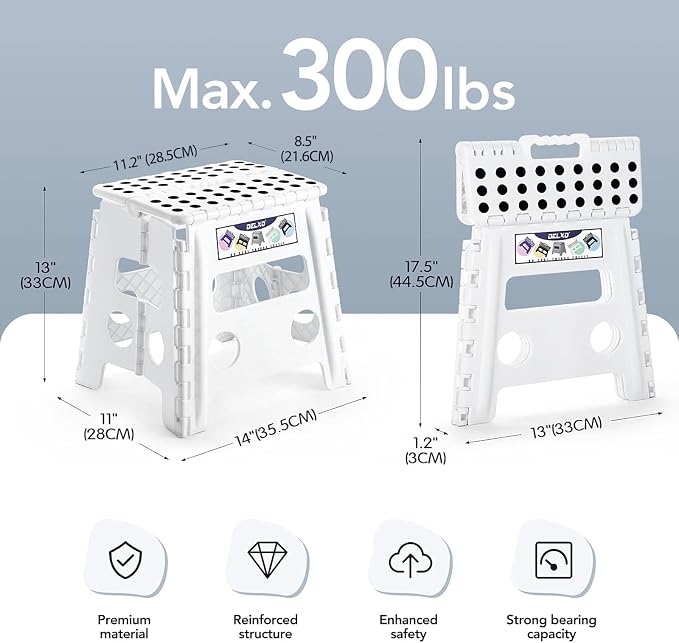 Delxo Folding Step Stool 13 Inch,300 Lbs Step Stool for Adults White | Foldable Step Stool 13",Non-Slip Foot Stools with Handle,Lightweight Collapsible stools for Kitchen,Bathroom,Bedroom,Garden