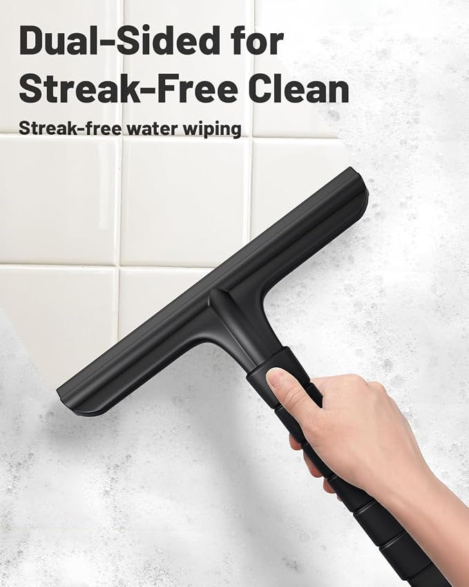 Silicone Shower Squeegee with Hook,Dual-Sided Design with Scraper & Scrub Surface, Shower Squeegee for Glass Doors (Dark)