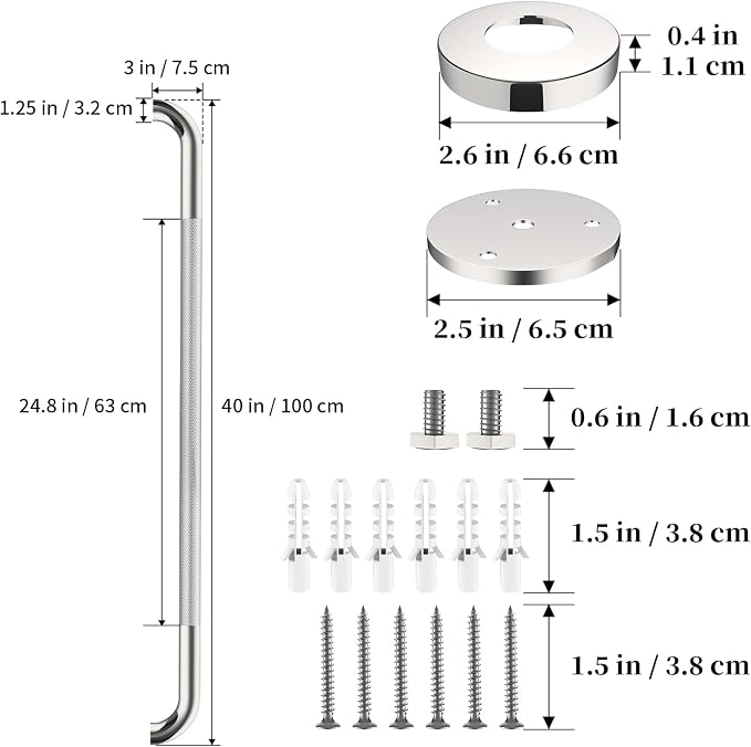 Chrome Grab Bar 40 Inch, Grab Bar for Bathtub and Shower | Anti-Slip Knurled Grip, Stainless Steel, Bathroom Assist Handle Handrail, Handicap Support Bars for Toilet, 1.25" Diameter