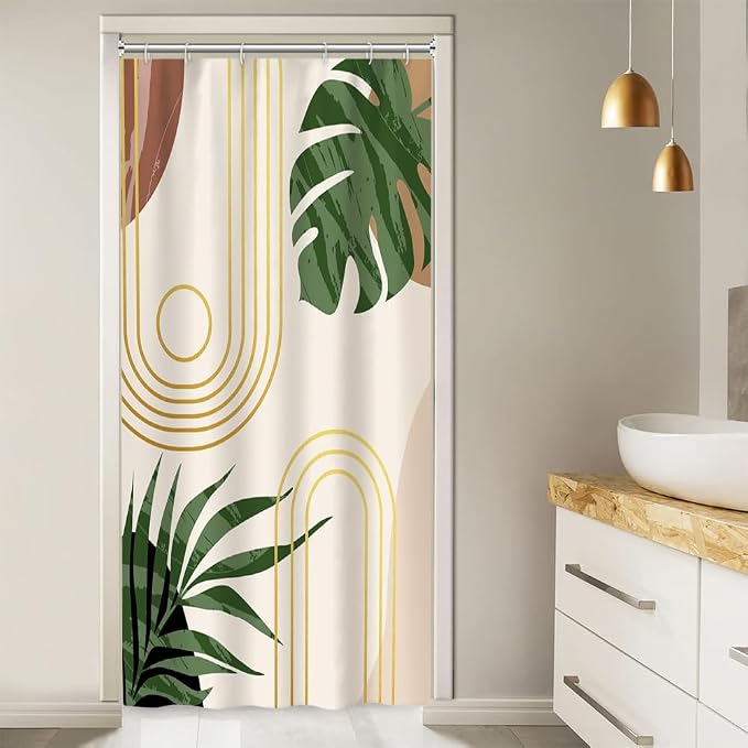 Boho Sage Green Stall Shower Curtain with Hooks 36x72 Inch | Waterproof Small Narrow Abstract Tropical Leaves Bathroom Curtain for Shower Stall, Machine Washable