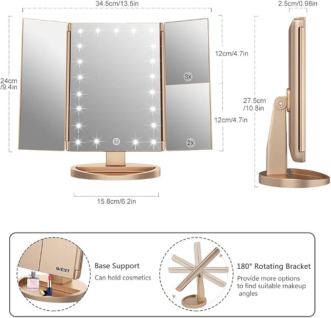 WEILY Makeup Mirror with 21 LED Lights,Two Power Supply Modes | Adjustable Touch Screen and 1x/2x/3x Magnification Tri-Fold Vanity Mirror,Chargeable Travel Cosmetic Mirror for Desktop