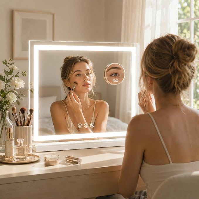 HNV 22.8"x18" Lighted Vanity Mirror, White | 22.8" x 18" tabletop vanity mirror with 3-color dimmable lighting, detachable 10X mirror, and HD tempered glass.