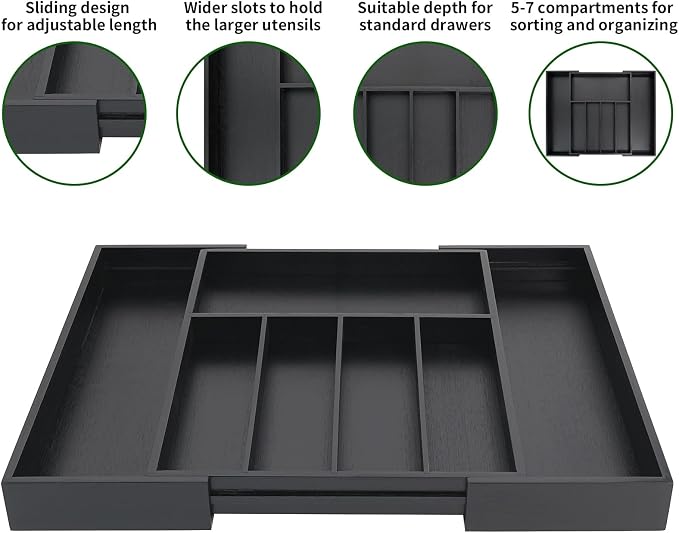 VaeFae Bamboo Drawer Organizer, Large, Black | Cutlery Drawer Holder, Drawer Divider for Silverware, Flatware，43 cm D x 32-55 cm W, 5-7 Slots, Black