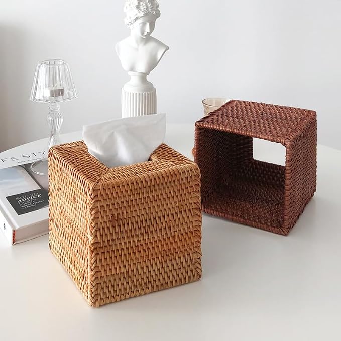 Rattan Tissue Box Cover Square, Wicker Tissue Box Holder, Decorative Woven Facial Tissue Holder for Bathroom, Kitchen, Living Room, Bedroom (Natural)