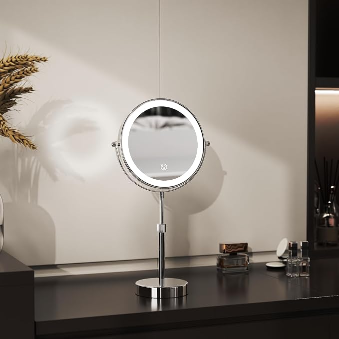 Nicesail LED Lighted Makeup Mirror Tabletop, 10X Magnifying Mirror with 3 Color Lights, Brightness Adjustable Height, Light up for Desk Make up Vanity Table, Double Sided Chrome Finish (8 Inch, 10X)