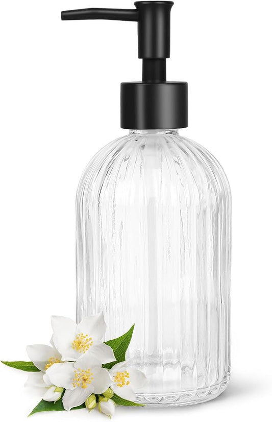 Topsky Glass Soap Dispenser with Plastic Pump, 400ml Liquid Hand Soap Dispenser, Rustproof Pump for Kitchen & Bathroom, Great for Lotions, Essential Oil, Liquid Soaps,Transparent