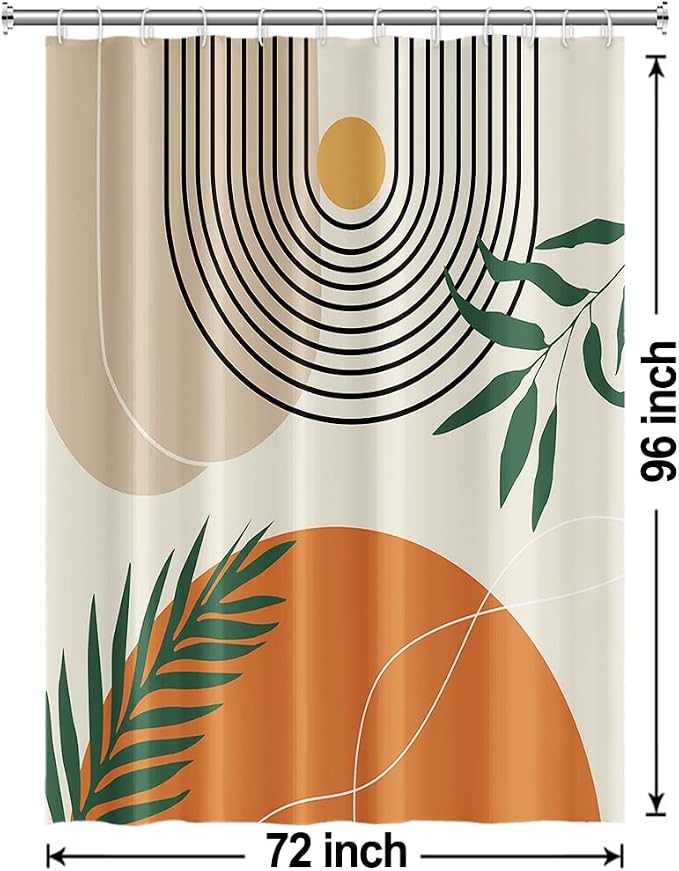 Mid Century Shower Curtain with Hook for Bathroom 72x96 Inch | Waterproof Abstract Orange and Beige Shower Curtain Set, Soft Bathroom Decor, Machine Washable