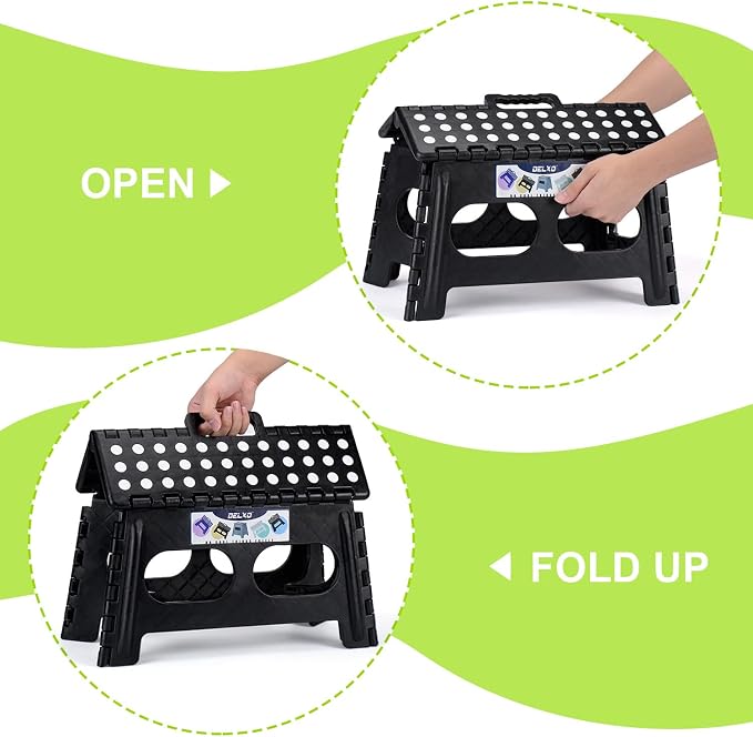 Delxo Folding Step Stool 9 inch,300Lbs Extra Wide Step Stool for Kids | Foldable Step Stool,15-Inch Extra Wide Non-Slip Foot Stools with Handle,Lightweight for Kitchen,Bathroom,Bedroom,Garden Black