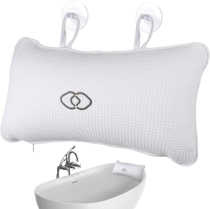 HEALLILY Huafuge Bath Pillow for Tub with PVC Air Bags, Anti-Slip Suction Cups, Breathable Mesh Cover, Head and Neck Support, White, 13.58 X 7.87 Inches