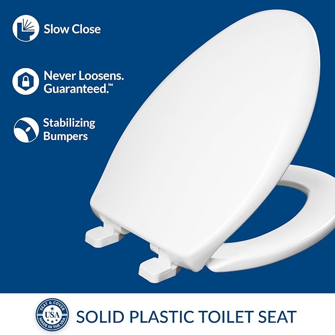 Mayfair Collins Slow Close Toilet Seat, Durable Plastic Seat with Extra Stability Bumpers and Secure Hinges, Made in USA, Elongated, White