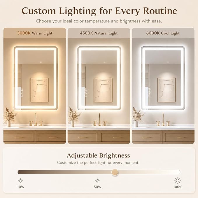 36x28 LED Lighted Bathroom Mirror for Vanity | Front Lights and Backlit, Rounded-Corner Rectangle, 3 Colors, Dimmable, Anti-Fog, Memory, Tempered Glass, UL