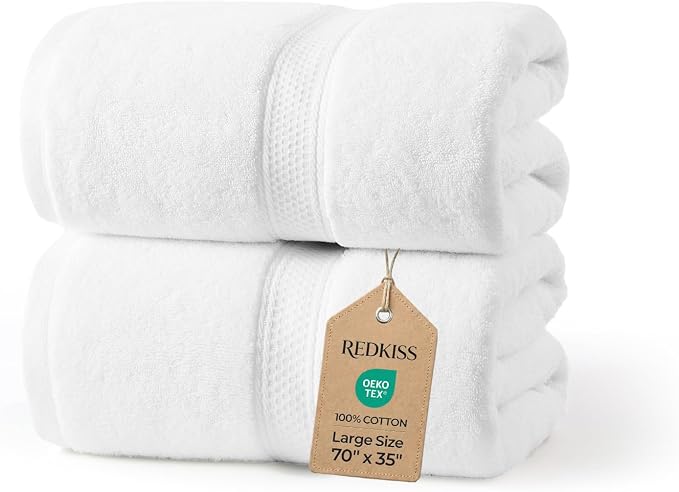 REDKISS 2 Pack Extra Large Bath Sheets 70" x 35" – 100% Cotton Soft Fluffy Quick-Dry Towels, Lightweight Oversized Bath Towels for Full Body Coverage, Shower, Pool, Gym, Spa, Beach & Travel, White