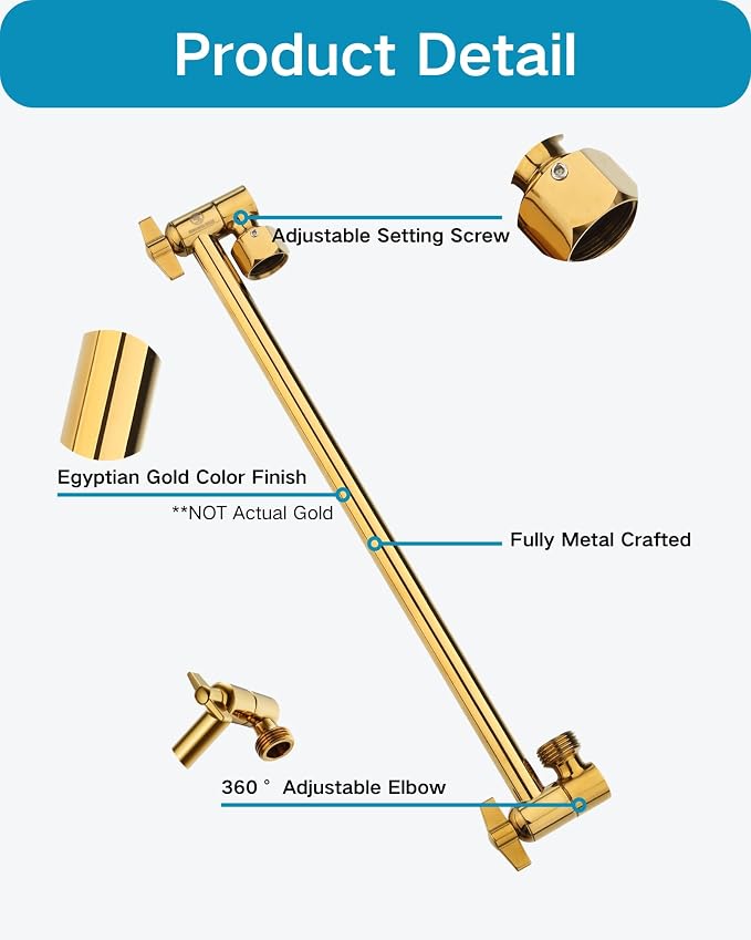 15 Inch Extra Long Adjustable Shower Head Extension Arm With Locking Set Screw, Singing Rain 304 Stainless Steel Angle Height Adjustable, G1/2 Universal Connector Compatible (Egyptian Gold)