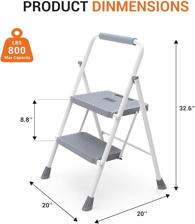 Sweetcrispy 2 Step Ladder, 800lbs Folding Step Stool with Anti-Slip Pedal | Lightweight, Portable Stepping Stool with Sturdy Ladder, Convenient Handrail, for Kitchen, Garage & Outdoor Use, Grey