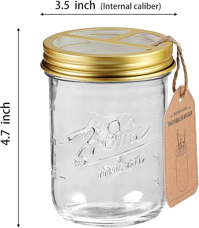 SheeChung Mason Jar Toothbrush Holders, Farmhouse Toothpaste Organizer, 1Pc | Gold Glass Electric Tooth Brush Holder for Bathroom Countertop, Removable Stainless Steel Lid, 3 Divider,Rustic Vintage Decor